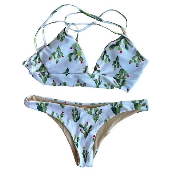 Womens White Cactus Print Bikini Swimsuit Set - Picture 2 of 13